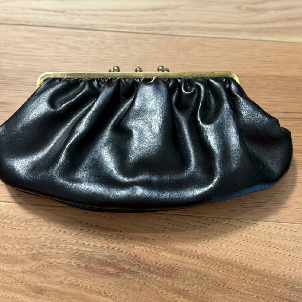Vintage Clutch Bag Medium Black 80s Vegan Leather Red Plaid Flannel Lining
